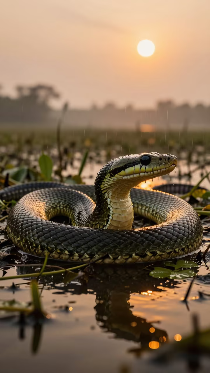 Green Anaconda Coiled in Swampland in near Visakhapatnam