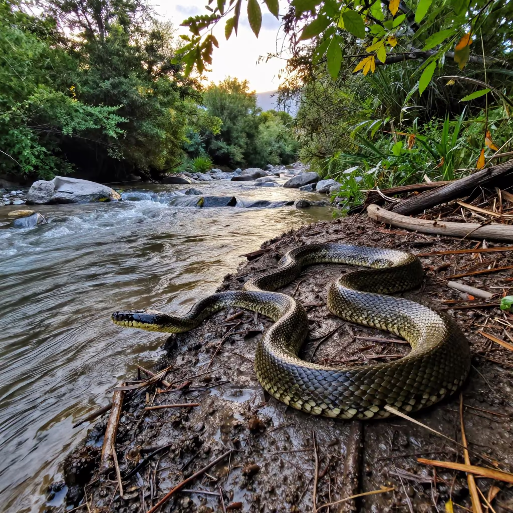 Green Anaconda Coiled by Glacial Stream in Perugia in above a glacial stream near Perugia