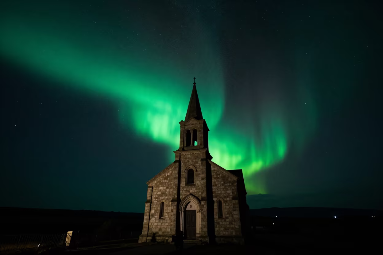 Green Aurora Arc Over Church Steeple Night in beneath a dark-sky overlook near Djelfa