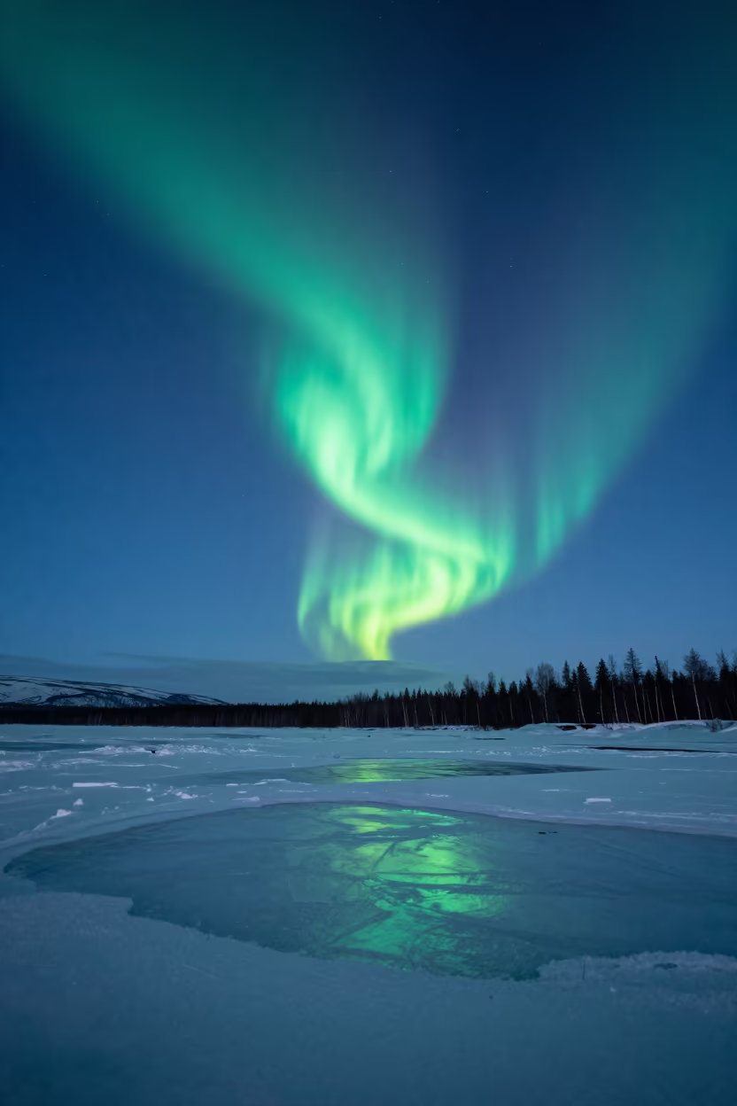 Green Aurora Corona Over Murmansk Snowfields in beneath a hard winter sky over snowfields near Murmansk