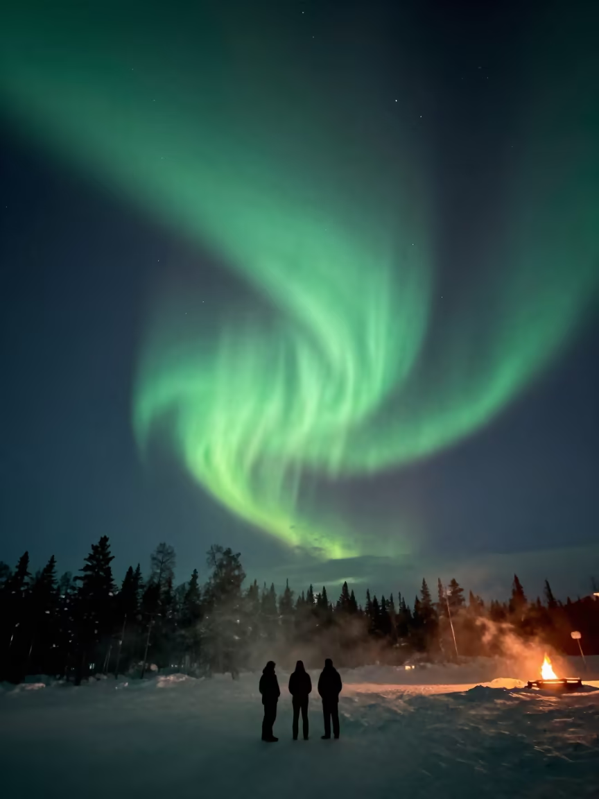 Green Aurora Corona Overhead in Arctic Night Mist in near Rovaniemi