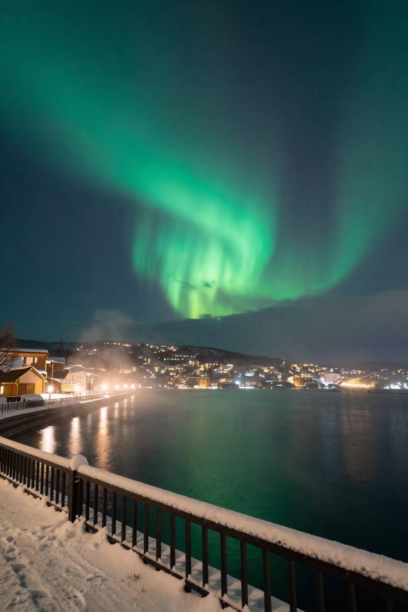 Green Aurora Corona Over Sapporo Harbor Winter in beside a lantern-dotted harbor near Sapporo