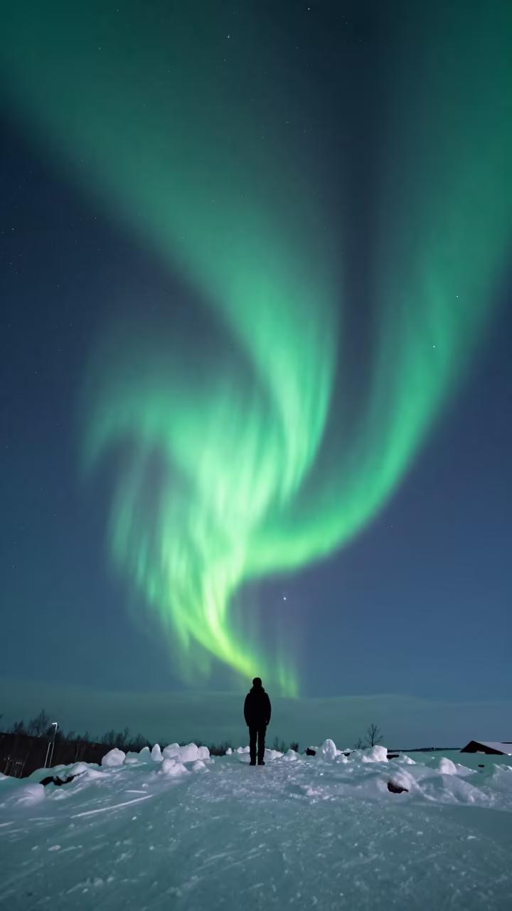 Green Aurora Corona Over Sapporo Winter Ridge in from a frost-hushed ridgeline near Sapporo