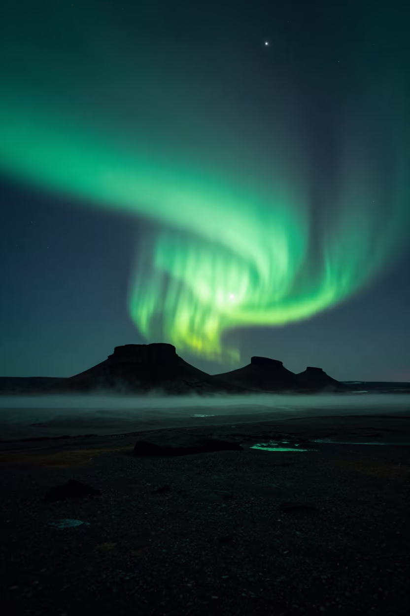 Green Aurora Corona Over Swedish Desert Escarpment in beneath a wind-cut desert escarpment in Sweden