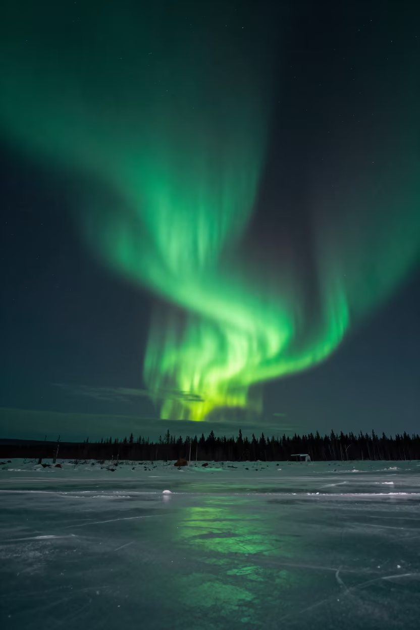 Green Aurora Corona Over Yukon Winter Night Sky in under the clearest stretch of sky in Yukon