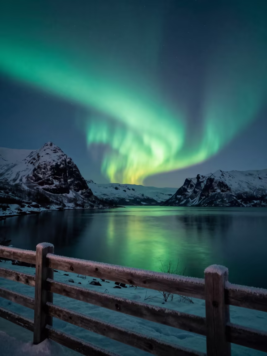Green Aurora Curtain Reflecting in Icelands Fjord in from a frost-hushed ridgeline in Iceland