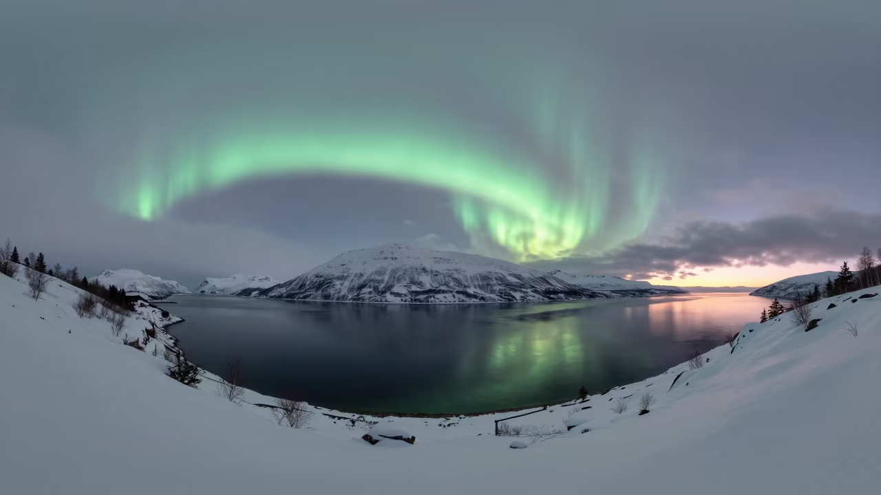 Green Aurora Curtain Reflecting in Winter Fjord in from a quiet alpine saddle in Russia