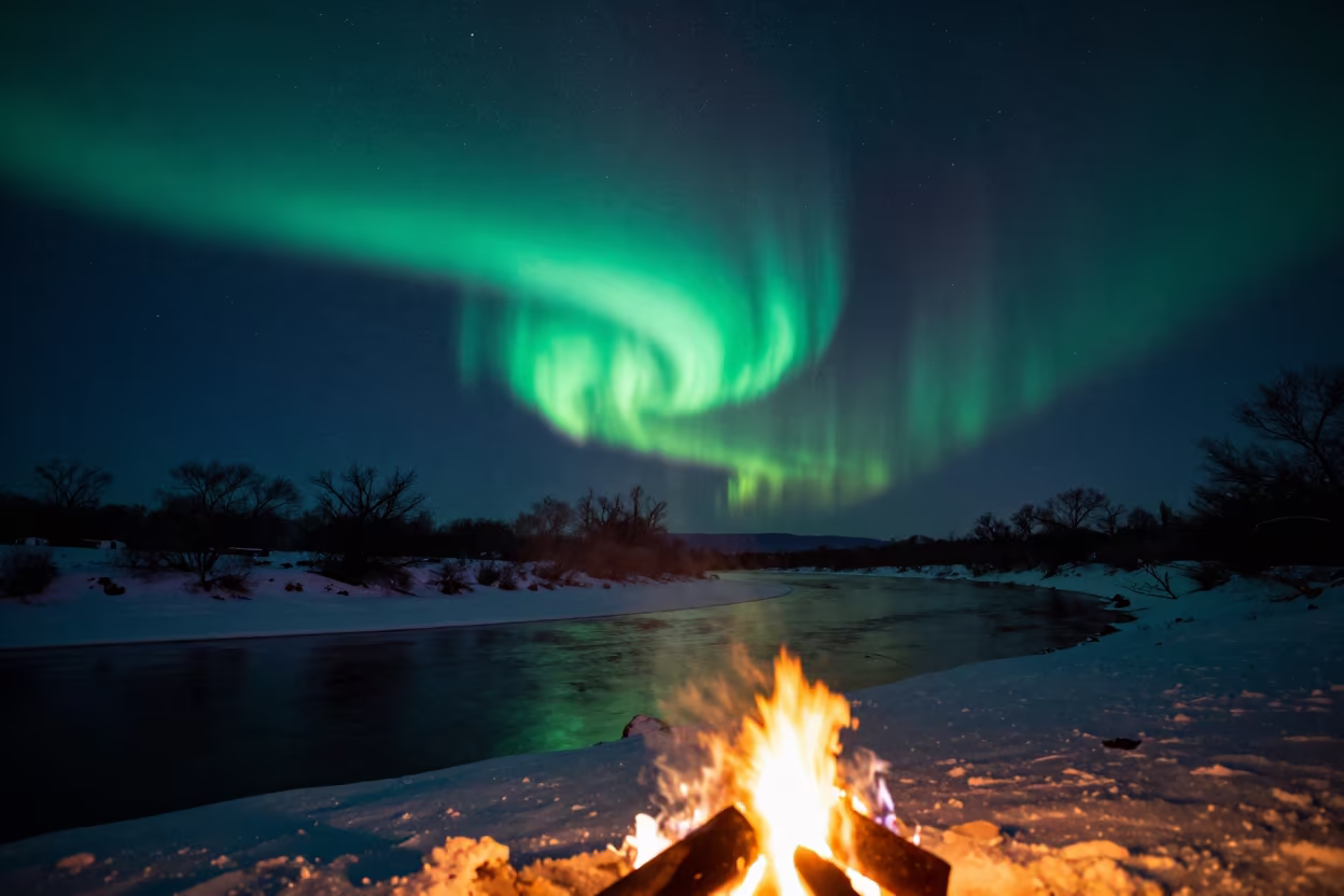 Green Aurora Over Arizona Snow River Night in beneath a dark-sky overlook in Arizona