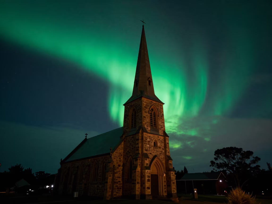 Green Aurora Over Australian Church Steeple Night in in Australia