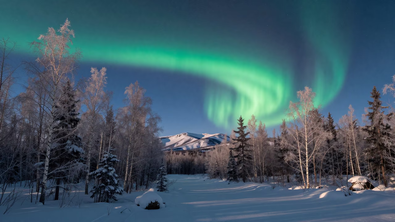 Green Aurora Over Birch Forest at Dawn in across a wide valley floor near Whitehorse