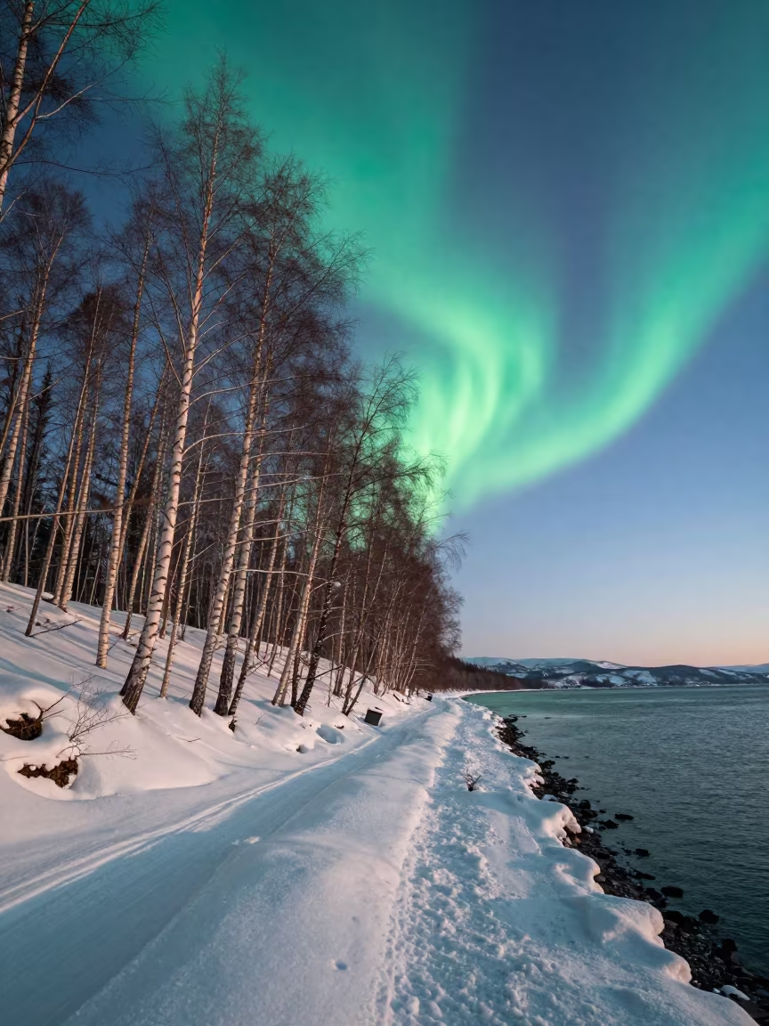 Green Aurora Over Birch Forest Shoreline Dawn in along a wave-cut shoreline near Sapporo