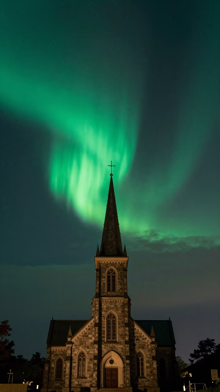 Green Aurora Over Church Steeple Night in near Bujumbura