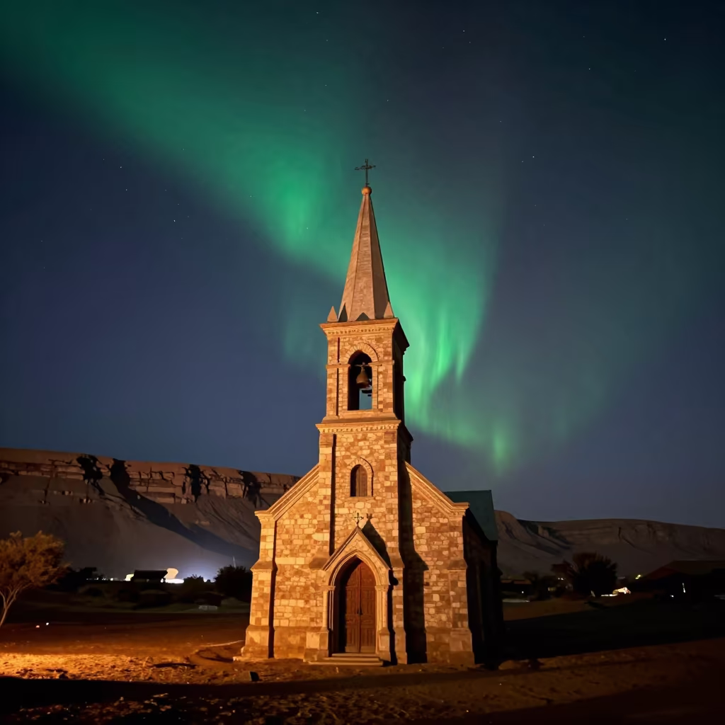 Green Aurora Over Desert Church Steeple in beneath a wind-cut desert escarpment near Ferkessédougou
