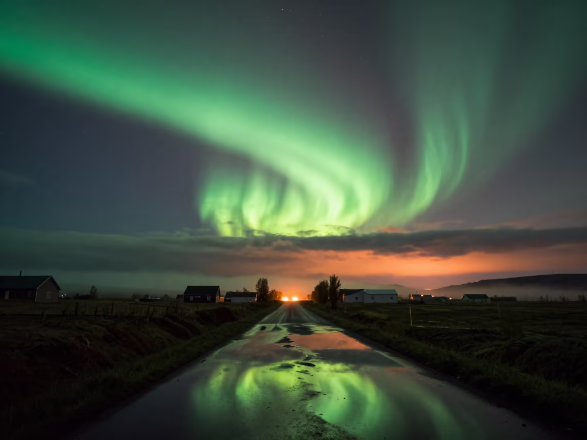 Green Aurora Over Misty Norwegian Farm Lane in in Norway