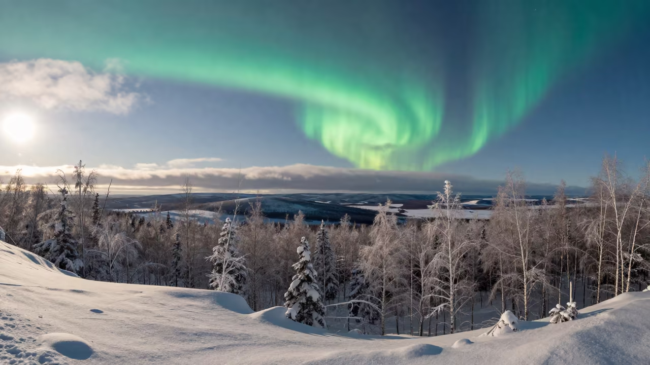 Green Aurora Over Russian Birch Forest Ridge in from a ridge above layered foothills in Russia