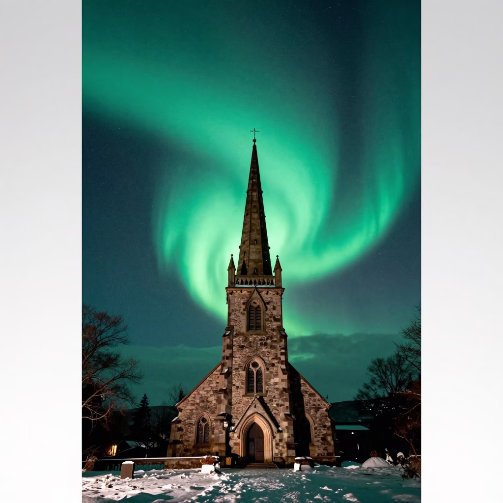 Green Aurora Over Scottish Church Steeple Night in in Scotland