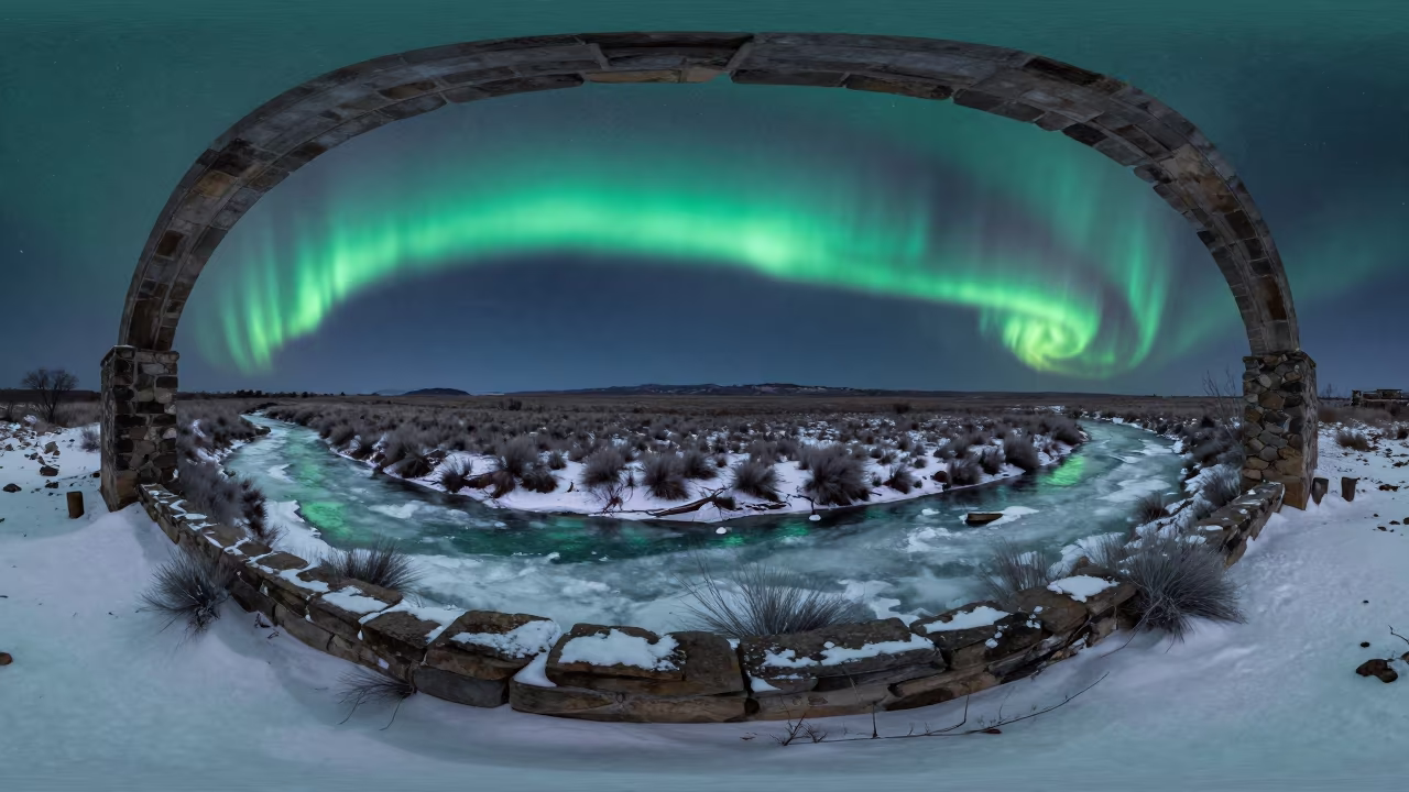 Green Aurora Over Snow River Plateau Night in under a dry plateau sky near Aguascalientes