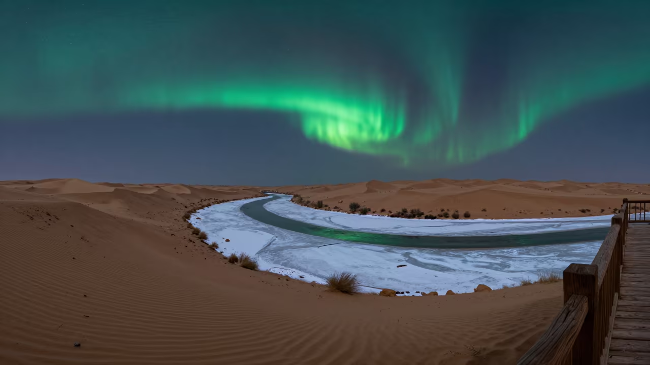 Green Aurora Over Snowbound River Desert Riyadh in from a dune-backed overlook in clear desert air near Riyadh