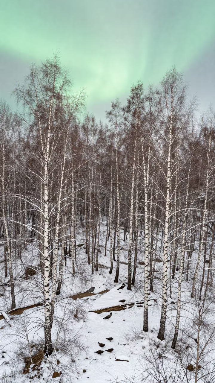Green Aurora Over Snowy Birch Forest Noon in in Russia