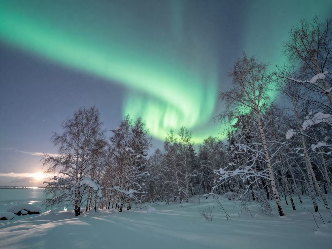 Green Aurora Over Snowy Birch Forest Shoreline in along a wave-cut shoreline near Reykjavik