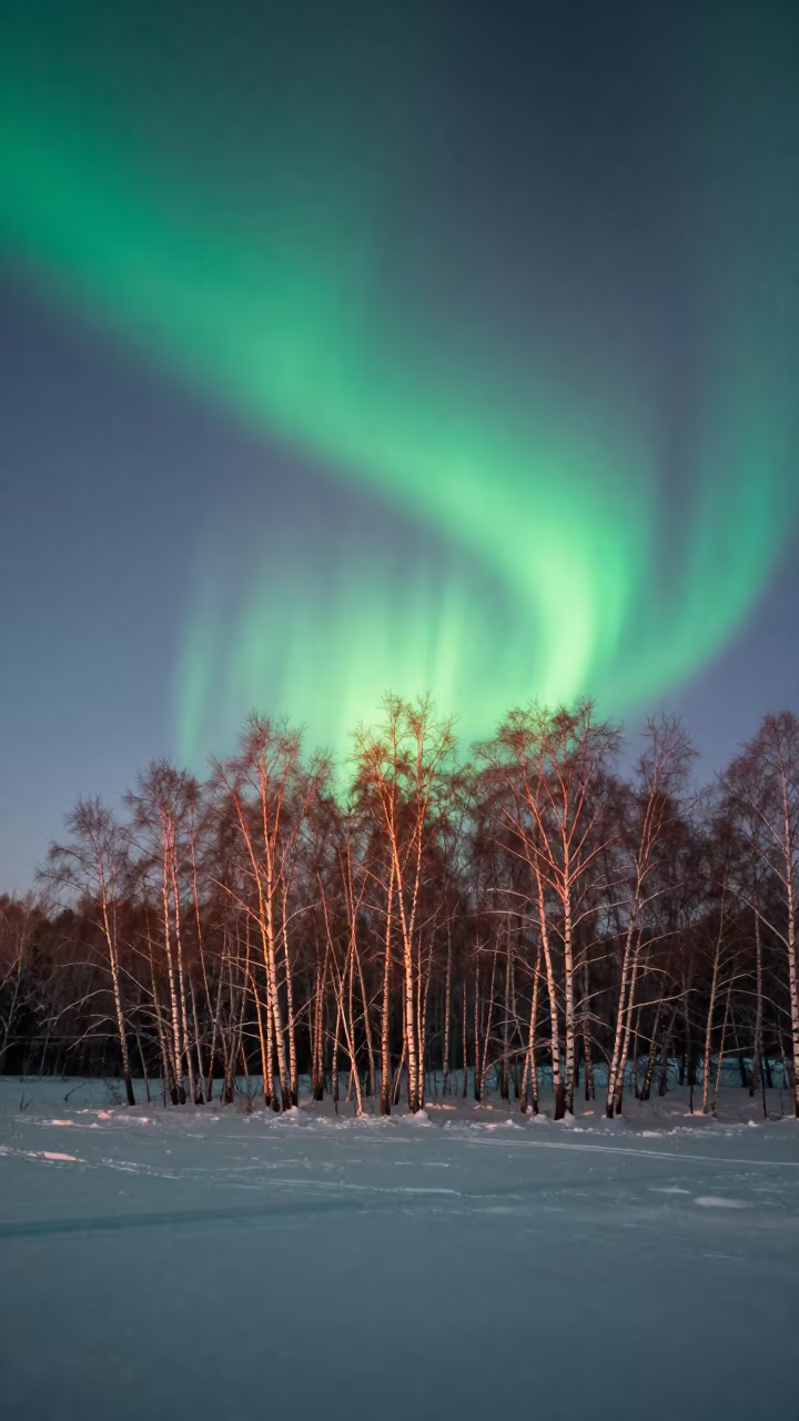 Green Aurora Over Snowy Birch Forest in Tibet in across a floodplain after rain in Tibet