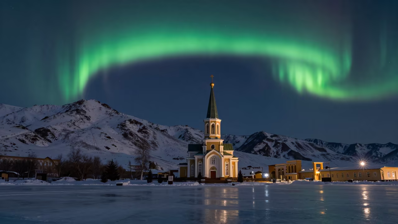 Green Aurora Over Uzbekistan Church Steeple in from a quiet alpine saddle in Uzbekistan