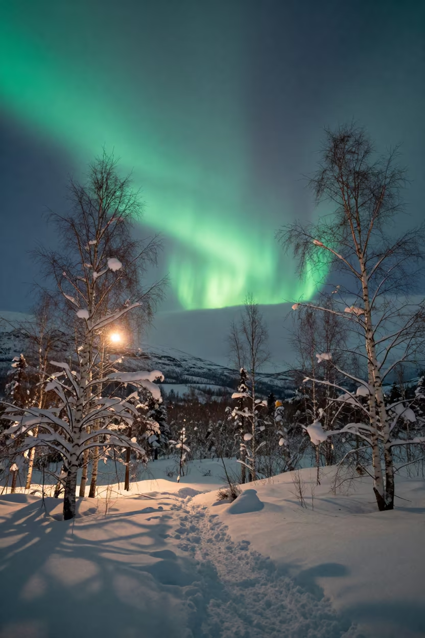 Green Aurora Over Winter Birch Forest Norway in from a ridge above layered foothills in Norway