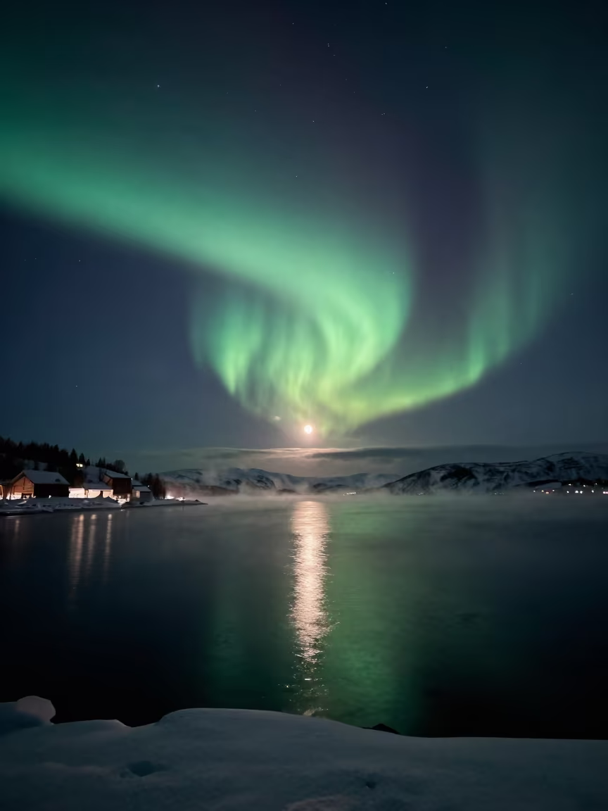 Green Aurora Reflection in Winter Fjord Near Oslo in beneath a moon-washed horizon near Oslo