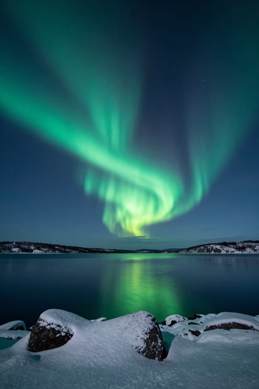 Green Aurora Reflects in Finnish Fjord in from a frost-hushed ridgeline in Finland