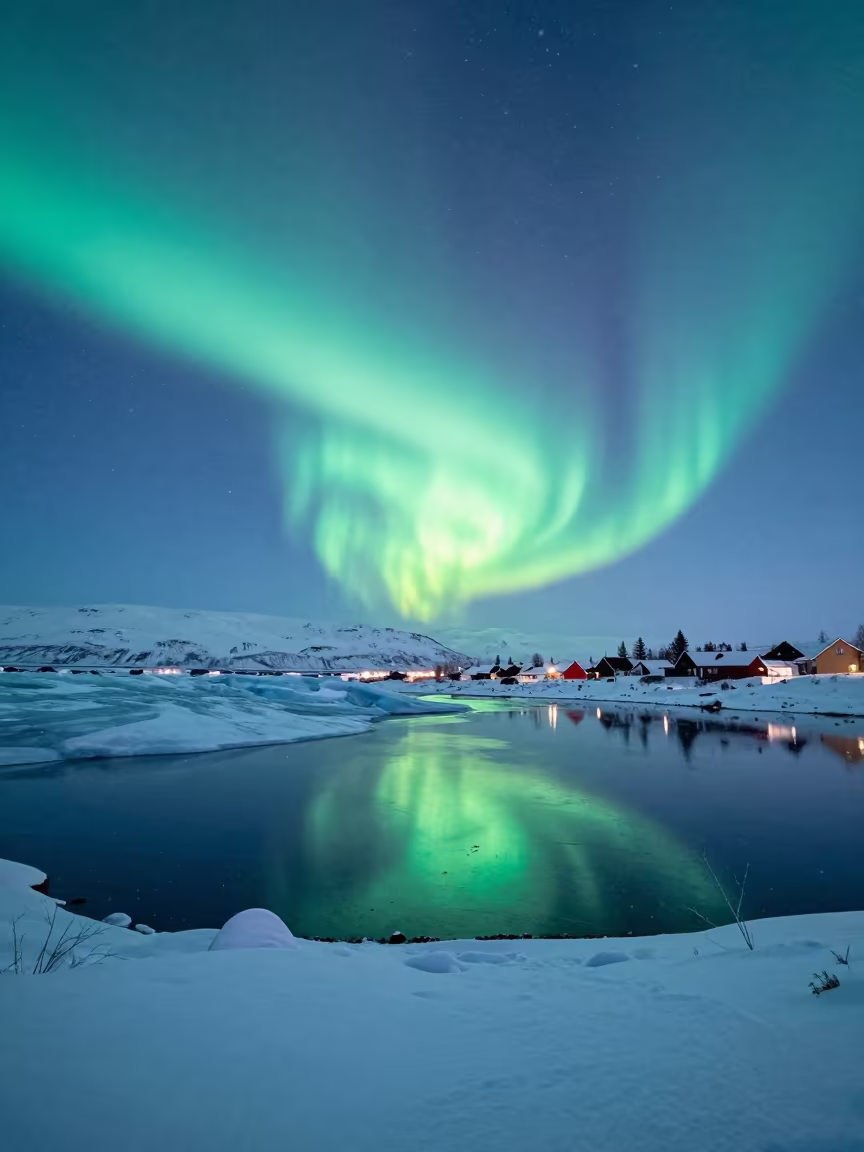 Green Aurora Reflects in Glacial Lagoon Twilight in beneath a hard winter sky over snowfields near Davie Village, Vancouver