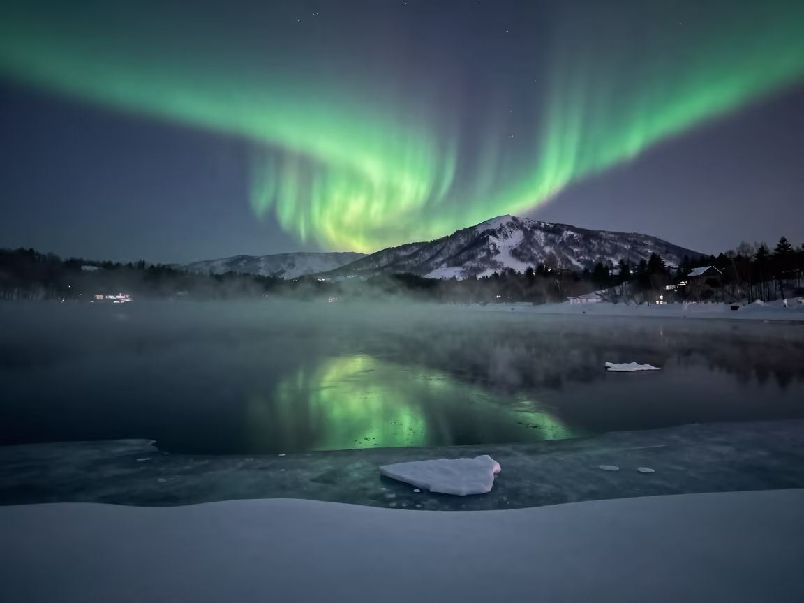Green Aurora Reflects in Winter Lagoon Sapporo in from a quiet alpine saddle near Sapporo
