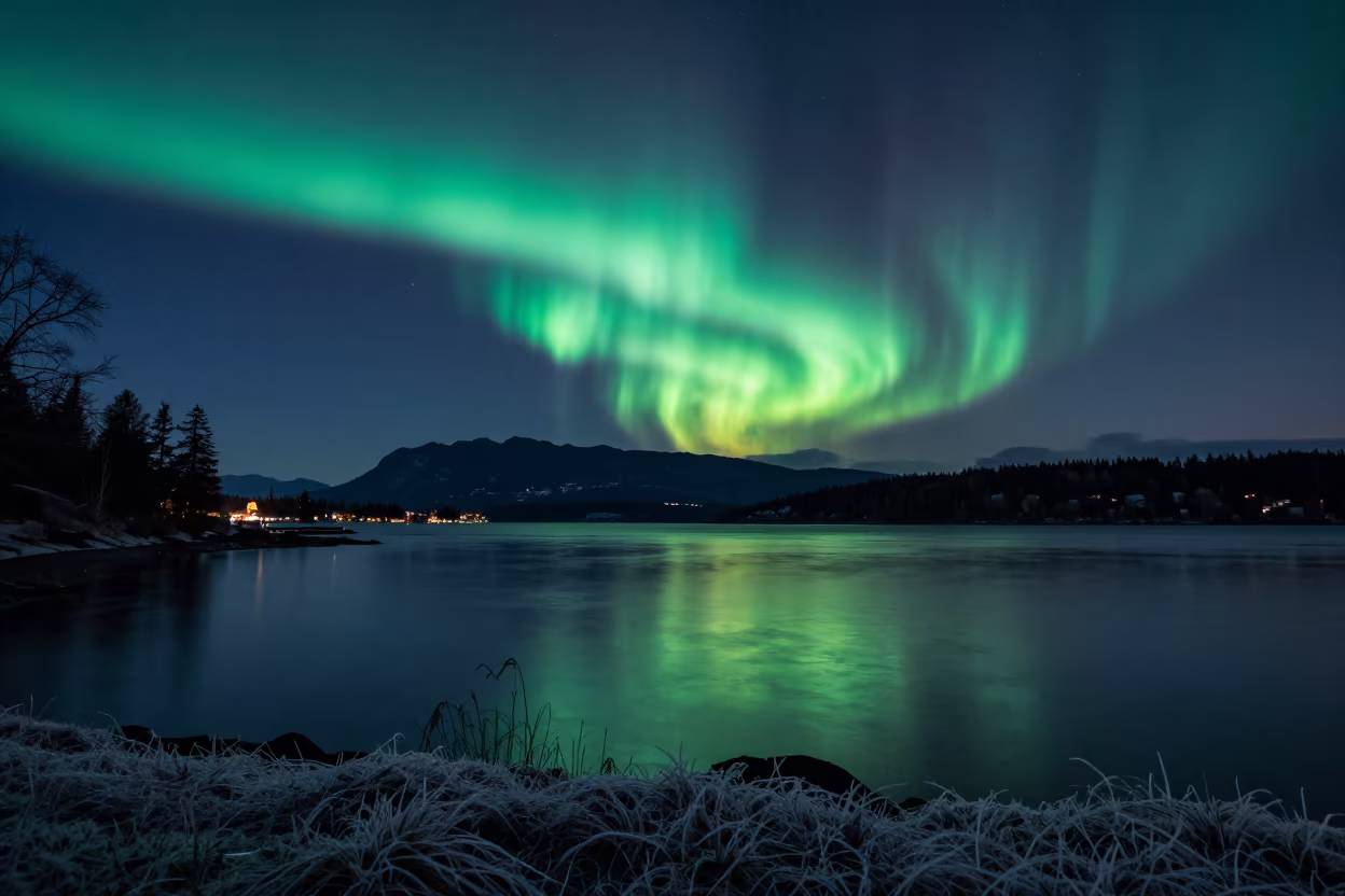 Green Aurora Ribbons Over Vancouver Fjord Twilight in from a frost-hushed ridgeline near Granville Island, Vancouver