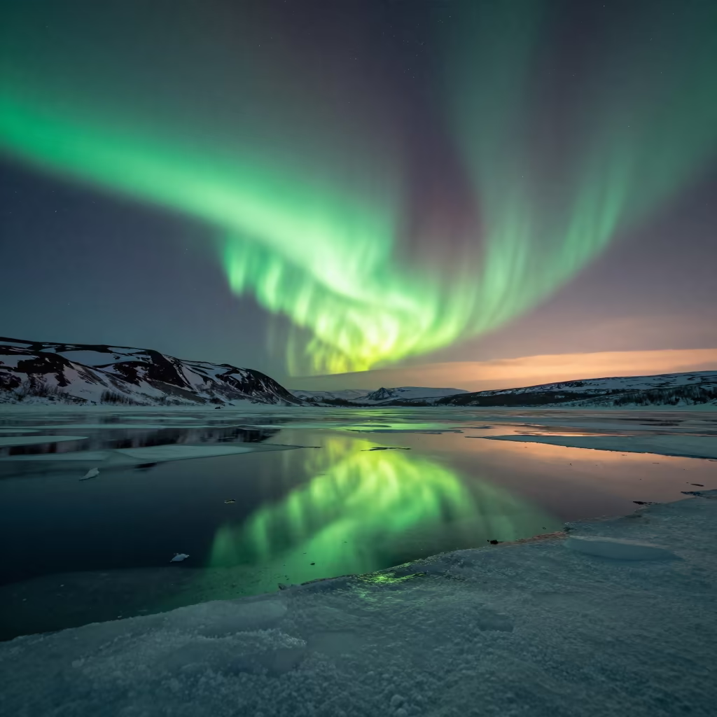 Green Aurora Reflects Over Siberian Glacial Lagoon in from a quiet alpine saddle in Siberia