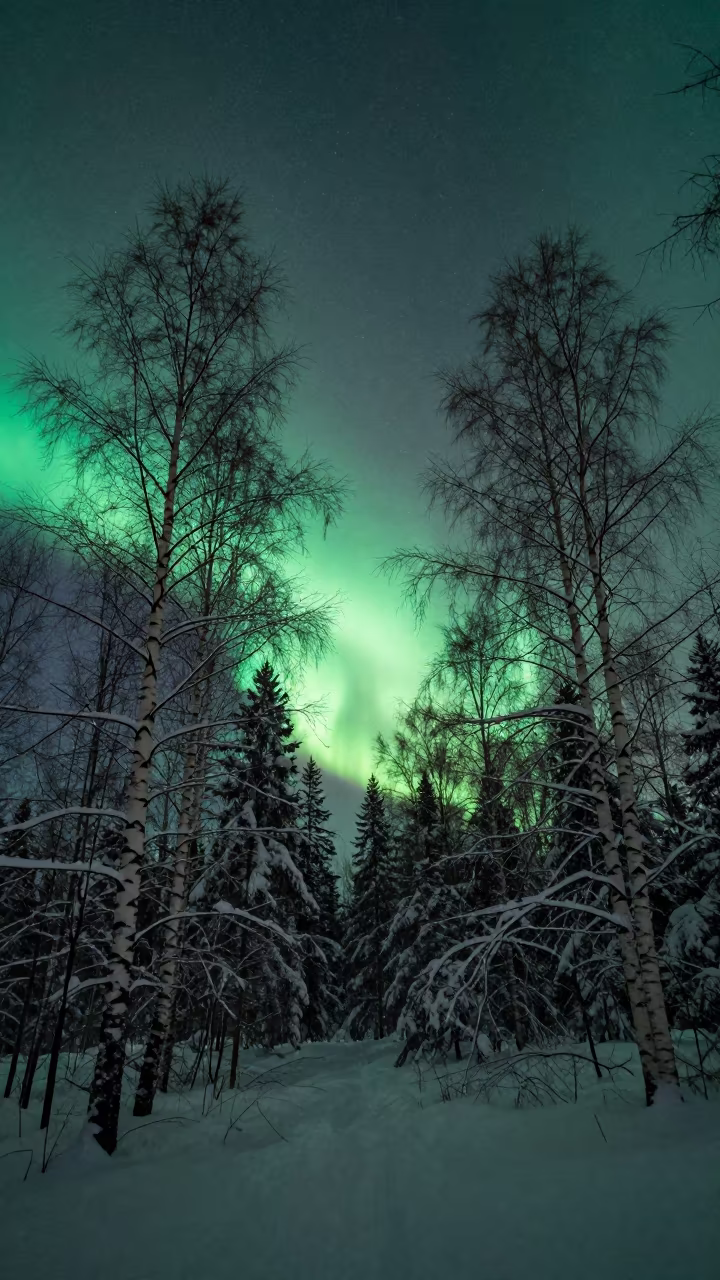 Green Aurora Over Snowy Birch Forest Twilight in across a wide valley floor near Djurgarden, Stockholm