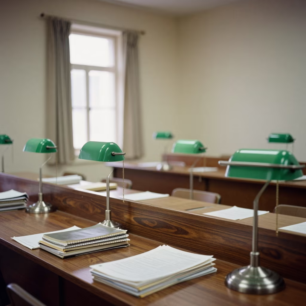Green Banker Lamps Over Seminar Table in in a computer lab before lessons in Jeddah