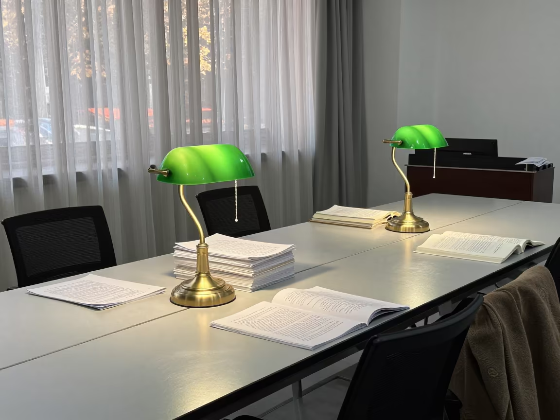 Green Banker Lamps Over Seminar Table in Xian Art Room in inside an art classroom near Xian