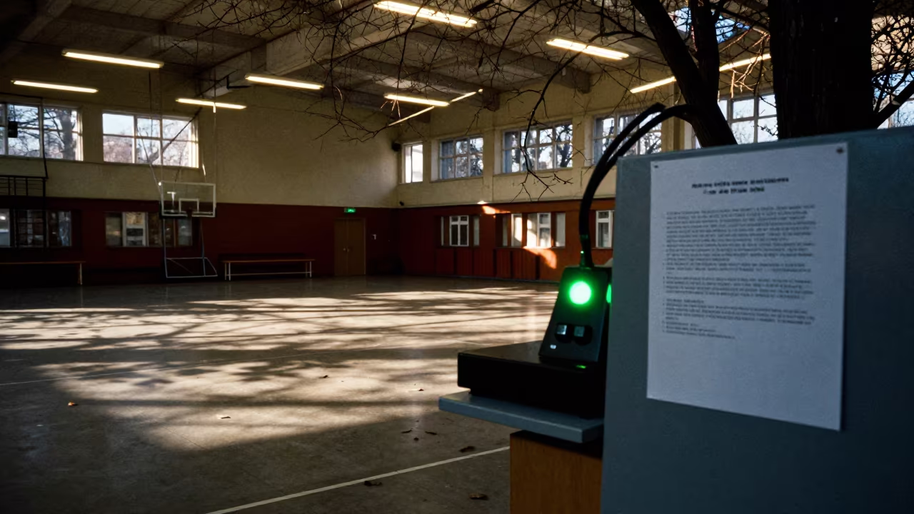 Green Blinking Ballot Scanner in Winter Gym in in a fluorescent town hall meeting room near Lviv