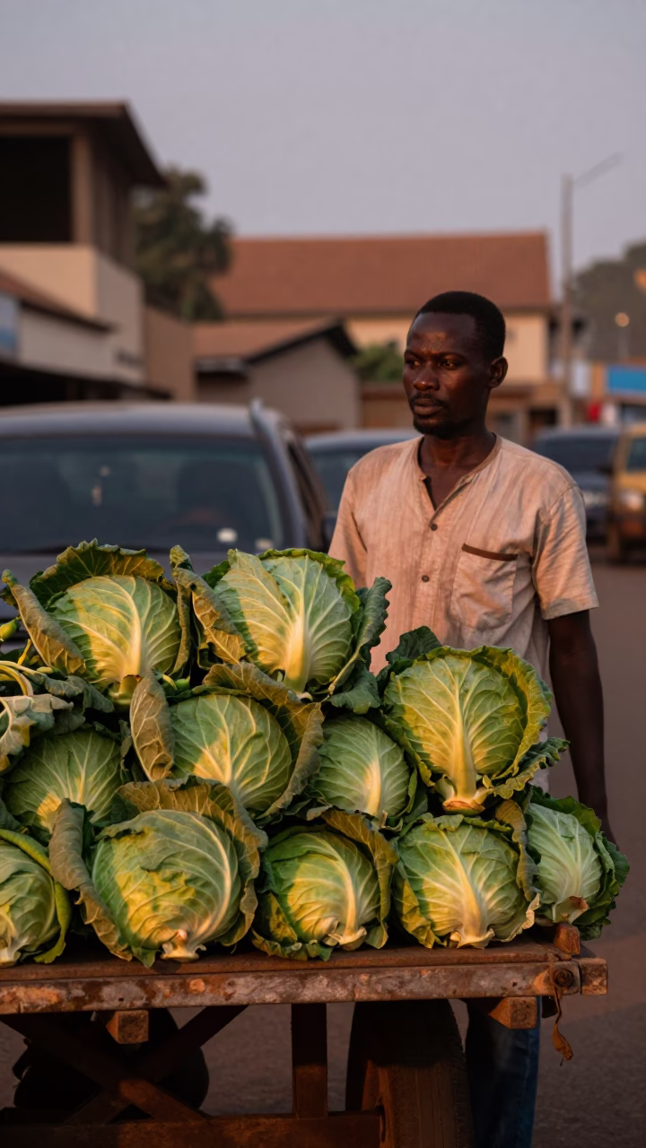 Green Cabbages in Accra at Copper-toned Light Before Dusk in in Accra, Ghana
