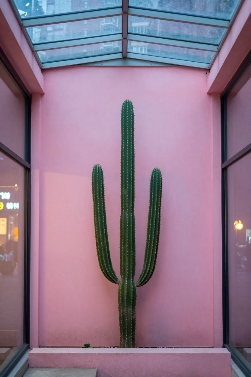 Green Cactus Against Pink Wall Neon Arcade in inside a glass-roofed arcade in Zhangjiajie