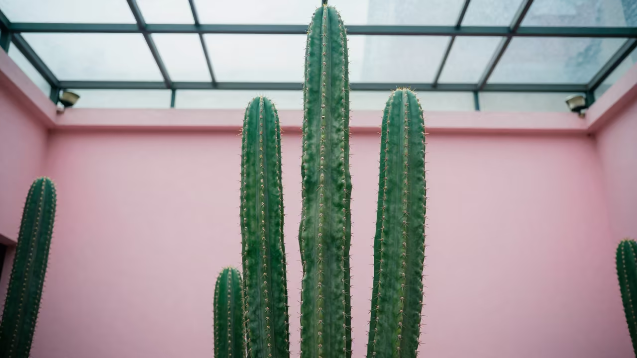 Green Cactus Against Pink Wall in Bhilai in inside a glass-roofed arcade in Bhilai