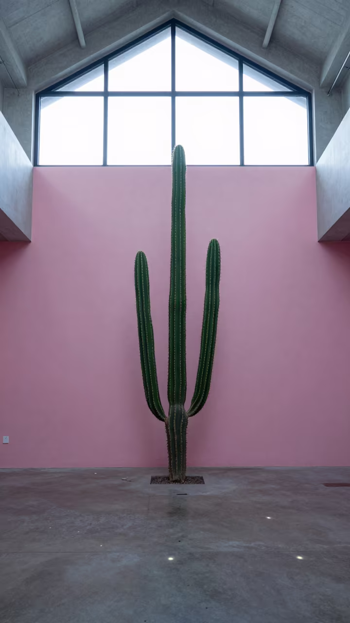 Green Cactus Pink Wall Early Winter Morning in inside a vaulted atrium in Hanover
