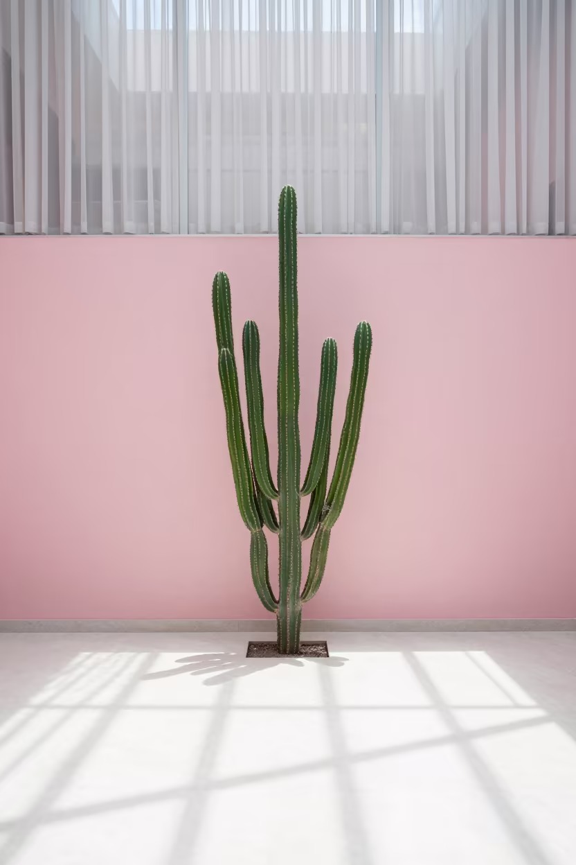 Green Cactus Against Pink Wall in Higüey Atrium in inside a vaulted atrium in Higüey