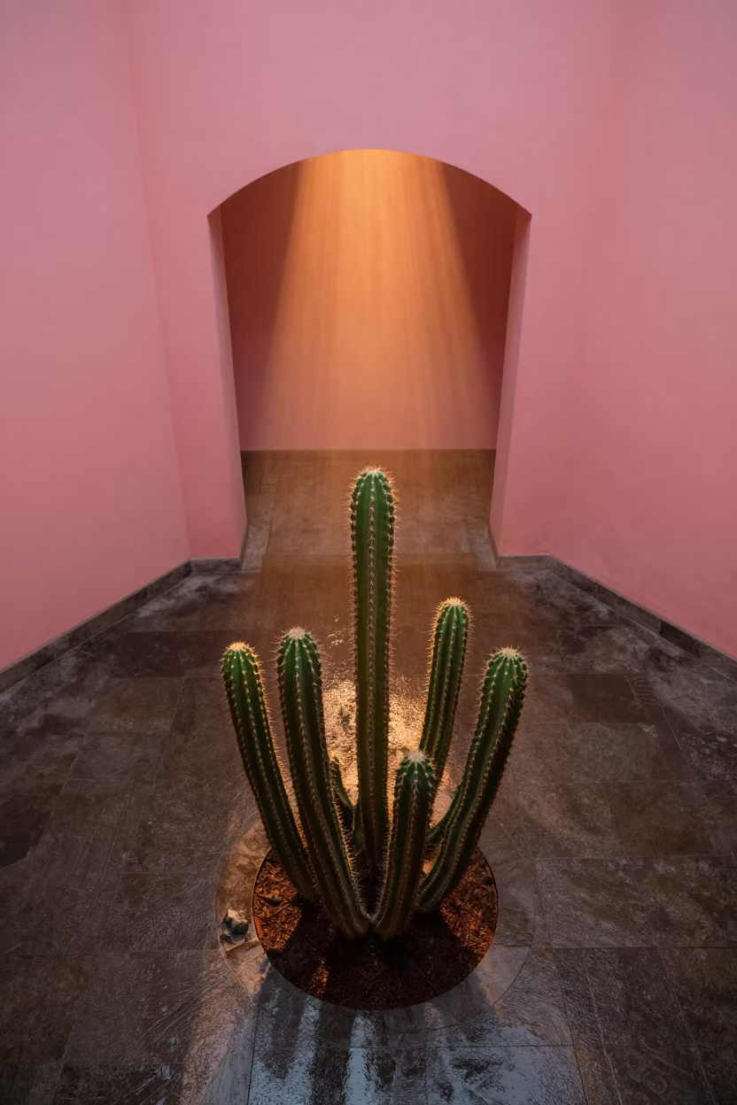 Green Cactus Pink Wall Night Light in inside a vaulted atrium near Brasilia