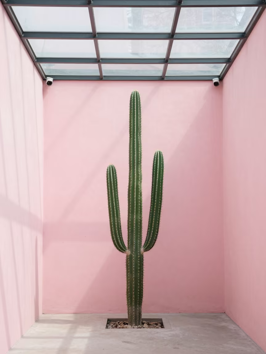 Green Cactus Against Pink Wall in Ningbo Arcade in inside a glass-roofed arcade near Ningbo