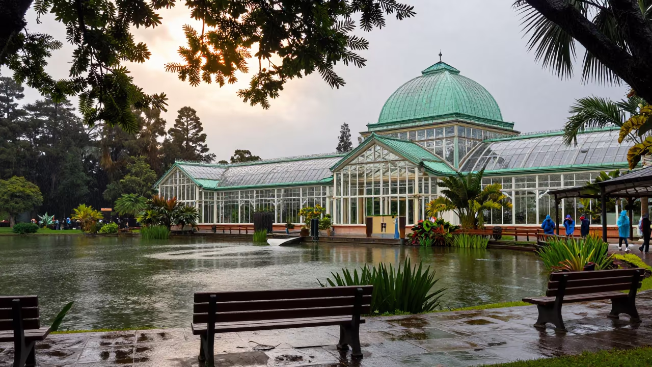 Green Copper Pavilion Lake in Medellin Rain in inside a glass-roofed arcade near Jardin Botanico, Medellin