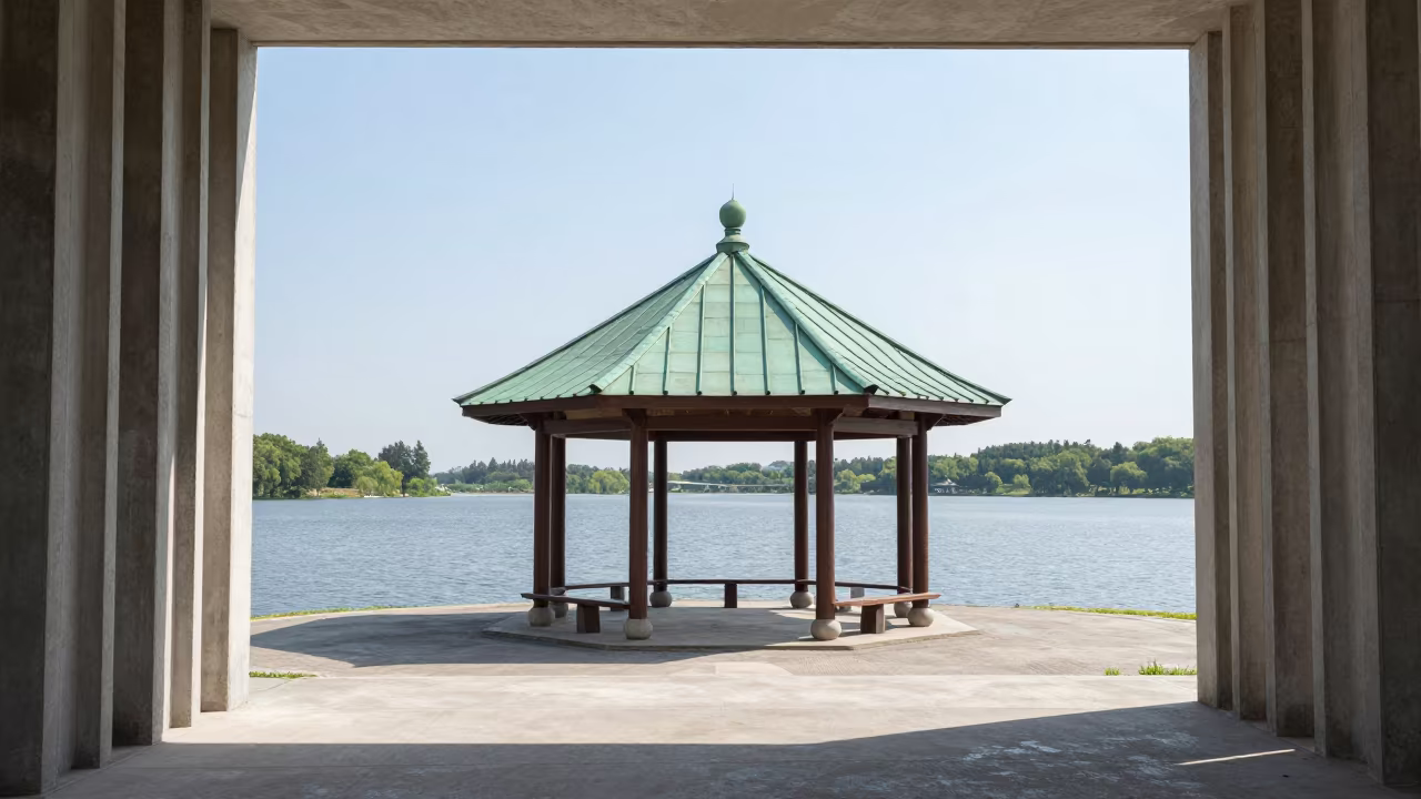 Green Copper Pavilion Lake View in inside a ribbed concrete lobby near Van