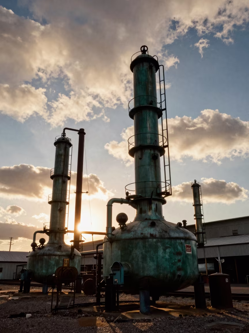 Green Copper Still Silhouettes at Sunset in at a rail yard near Albuquerque