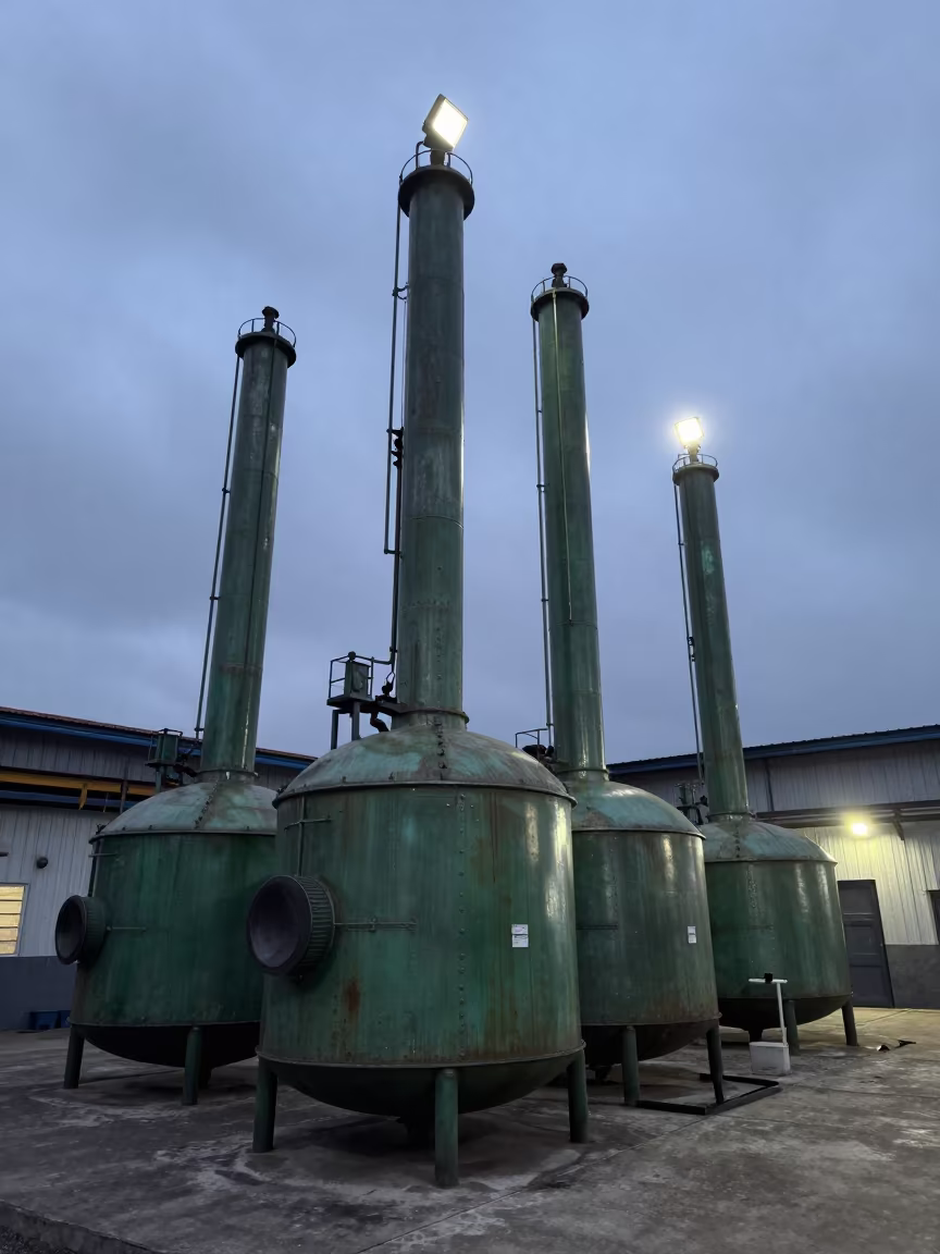 Green Copper Stills Blue Hour Gabiadji in on a factory floor near Gabiadji
