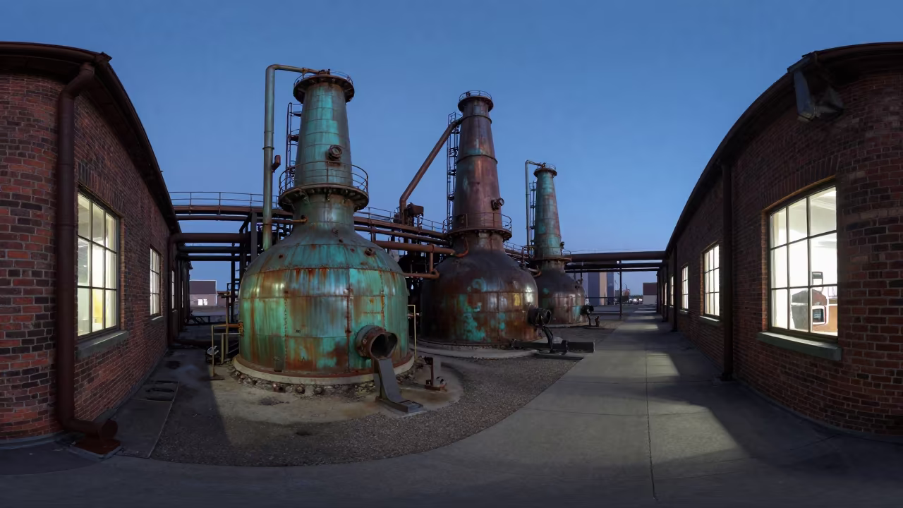 Green Copper Stills in Late Night Distillery in beside a blast furnace near Regina