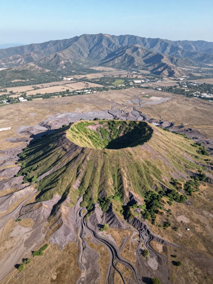 Green Crater Volcano Above Dry Wadi Dunes in above dune fields and dry wadis near Da Nang